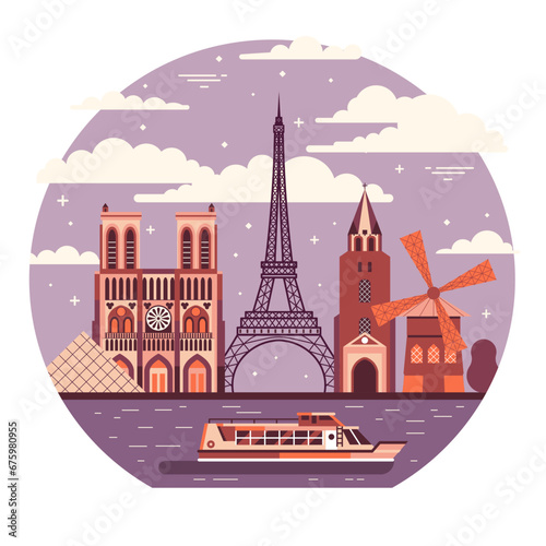 Obraz na płótnie Paris Travel Scene with River Cruise Tourist Boat w salonie