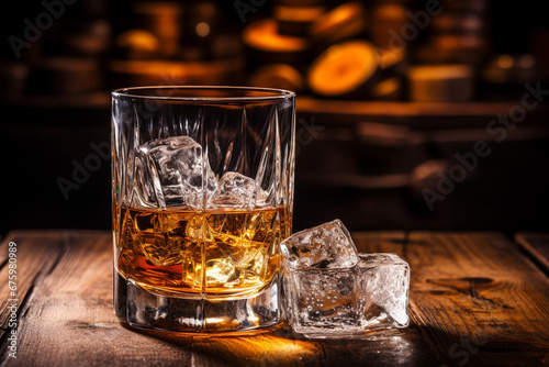 Glass with whisky or brandy on wooden table surface. AI generated.