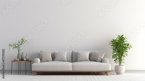 Livingroom interior wall mock up with gray fabric sofa and pillows on white background with free space on right. 3d rendering © kashif 2158