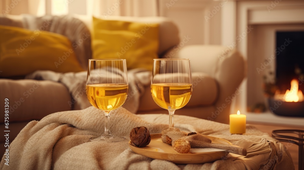  two glasses of wine sitting on a table with a plate of bread and a candle in front of a fireplace. 