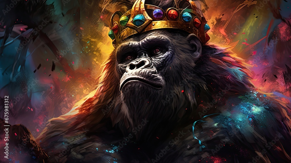  a gorilla with a crown on it's head standing in front of a painting of a fire and ice background.  