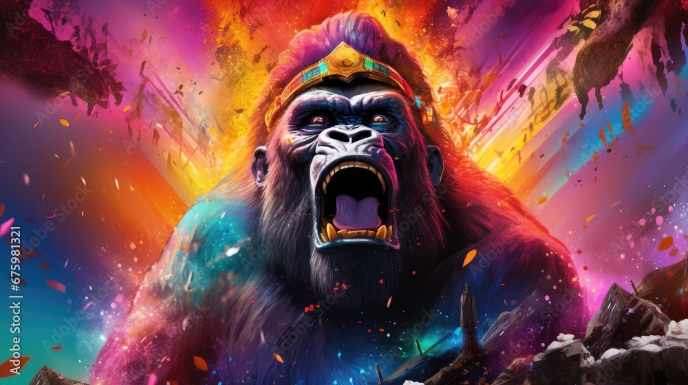  a gorilla with its mouth open in front of a colorful explosion of smoke and rocks, with his mouth wide open and his mouth wide open. 