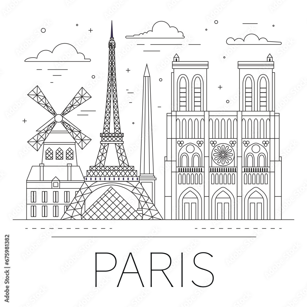 Paris City Skyline with Landmarks in Line Art