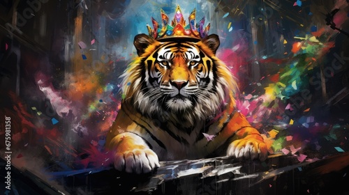  a painting of a tiger with a crown on it's head sitting on top of a piano in front of a colorful background. 