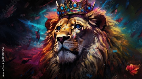  a painting of a lion with a crown on top of it s head  with a blue sky in the background.  