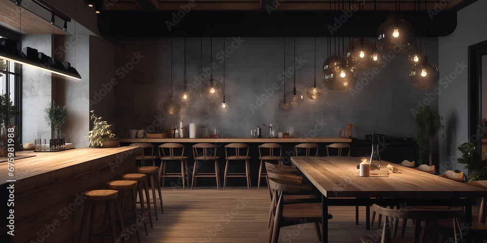 Obraz na płótnie Modern interior of restaurant with dark gray walls and wooden furniture. Comfortable dining place, contemporary design background w salonie