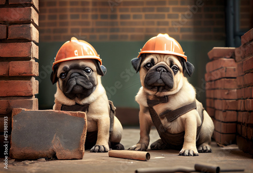 Dog, pug - foreman at a construction site in a protective helmet. Pugs builders. AI generated. photo