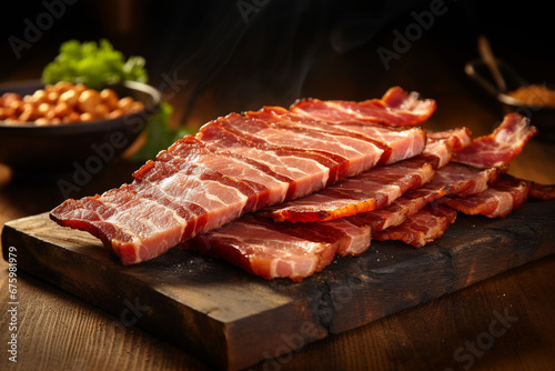 Smoked bacon on wooden cutting board surrounded greens and vegetables.
