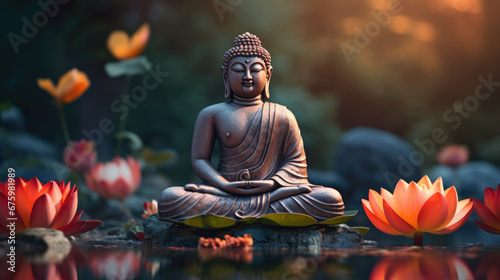 Buddha sat in lotus flower floating on water surface. Happy vesak day concept. Asian culture and religion. Spiritual Buddhism practice. Meditation zen pose. Bronze ancient statue. Sacred garden Asia.