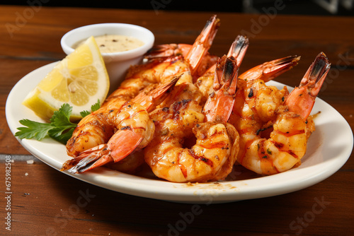 Grilled jumbo king shrimps, seafood restaurant dish with sauce.