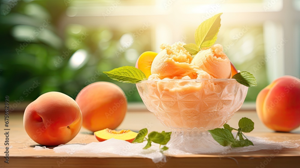 a close up of a bowl of ice cream with peaches on a table next to peaches and leaves. a close up of a bowl of ice cream with peaches on a table next to peaches and leaves.