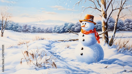  a painting of a snowman with a red hat and scarf standing in the snow in front of a tree. generative ai