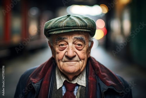 Portrait of an old man in a cap on the street.