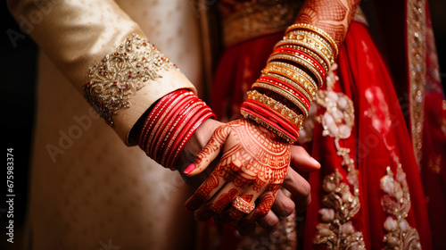 Hands of indian bride and groom in traditional wedding dresses. 