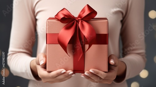  a woman is holding a pink gift box with a red ribbon on it and a red bow on the top of the box. generative ai