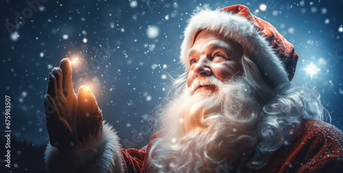 Santa Claus in a Luminous Sky with Expressive Gestures