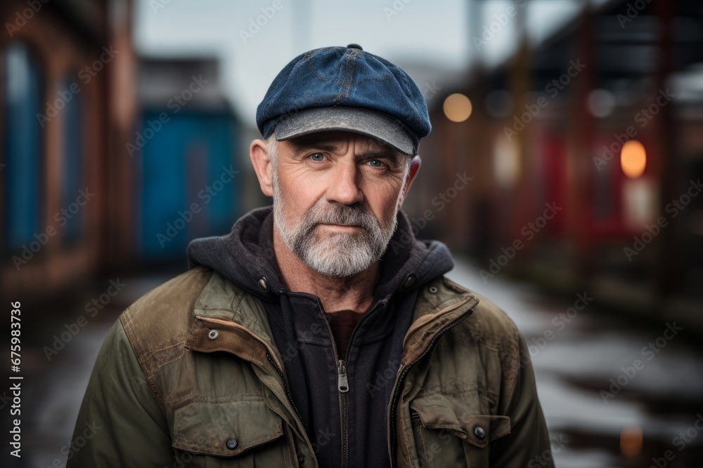 Portrait of a senior man with gray beard wearing a cap in the city
