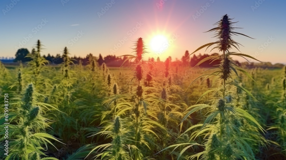 Cannabis leaves background. Hemp plant green leaf close-up. Growing organic cannabis herb plantation on the farm. Marijuana cultivation, alternative medicine concept.