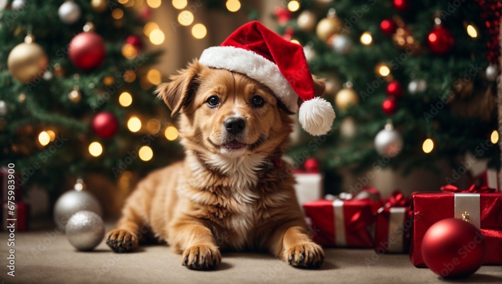 Cute puppy wearing Santa Claus red hat under the Christmas tree. Merry Christmas and Happy New Year decoration around (balls, toys and gift boxes). New Year postcard