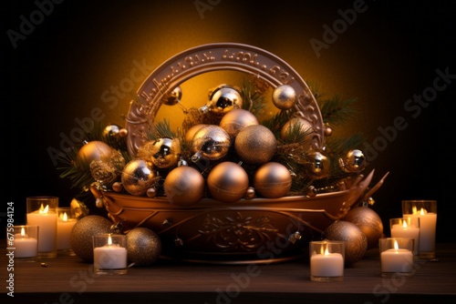Festive New Year Scene: Christmas Tree, Sleigh, Candlelight, and Gold Wreath