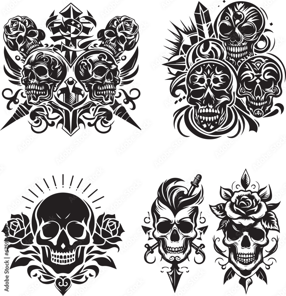 Fototapeta premium Art Deco skull black and white, Mordan vector design.