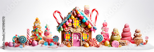 Christmas gingerbread house decorated with candies and glaze isolated on white background