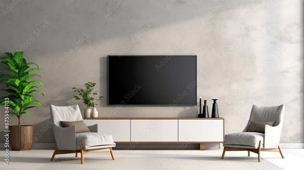Mockup a cabinet TV wall mounted with armchair in living room with a white cement wall.3d rendering Mockup a cabinet TV wall mounted with armchair in living room with a white cement wall.3d rendering