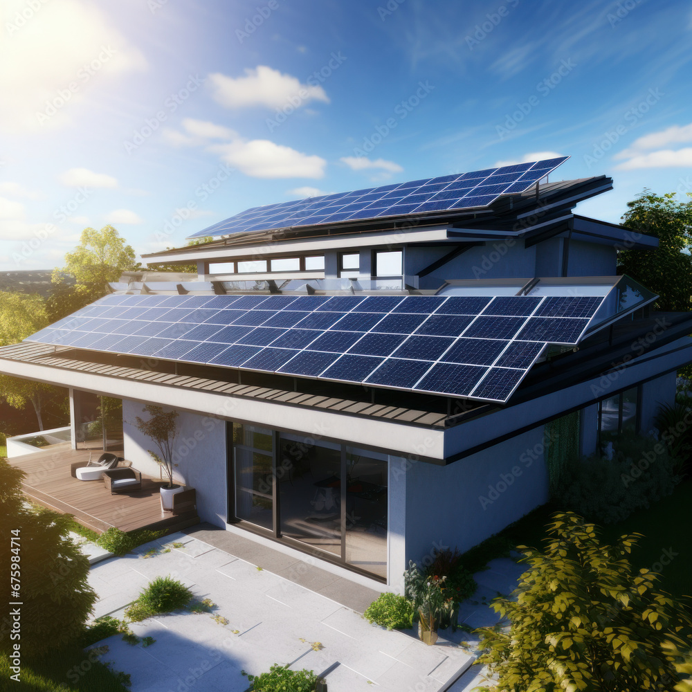 Renewable Energy Source: Solar Panels on Residential Rooftop. Ai generative