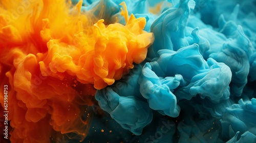 Vibrant Clash: Orange and Blue Abstract Ink Explosion in Water Artistic Concept