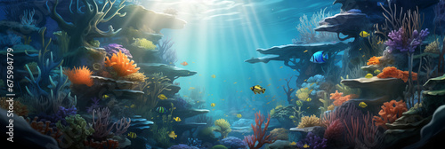 AI generated underwater background. Banner image. Cartoon style.
