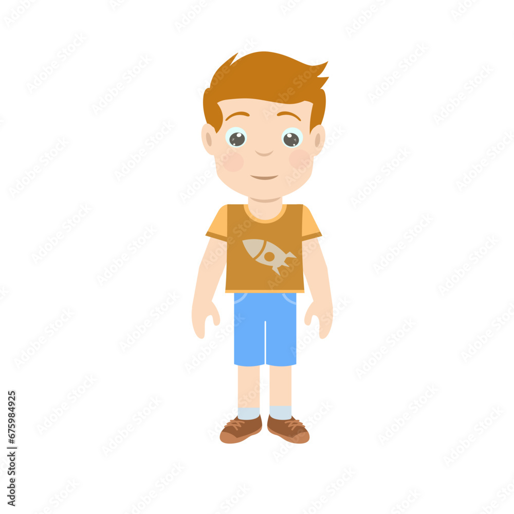 This asset features an illustration of a young boy wearing a brown shirt and blue shorts. It is suitable for various designs targeting children or depicting casual summer outfits.
