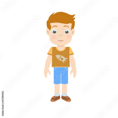 This asset features an illustration of a young boy wearing a brown shirt and blue shorts. It is suitable for various designs targeting children or depicting casual summer outfits.