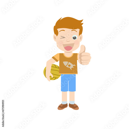 character design of a boy holding a basketball in a thumbs-up pose