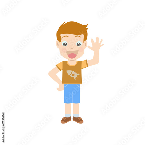 character design of a boy smiling and waving his hand