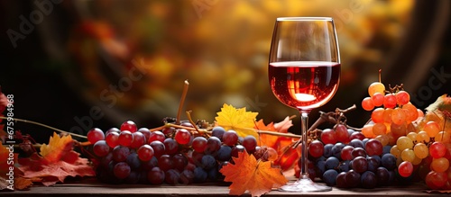 In the isolated background of nature surrounded by lush green leaves and vibrant autumn colors of red a healthy plant bearing fruits stands tall A white wine glass filled with organic natura