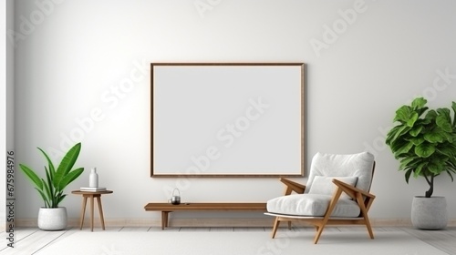 Mockup a TV wall mounted with armchair in living room with a white wall.3d rendering