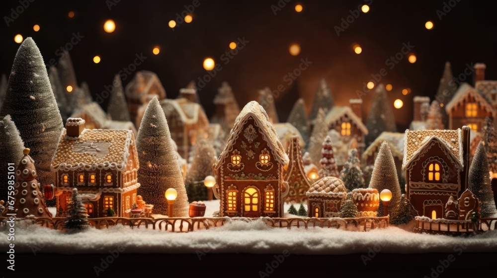 Fototapeta premium Festive Christmas Candy and Gingerbread Cottages in Artificial Snow