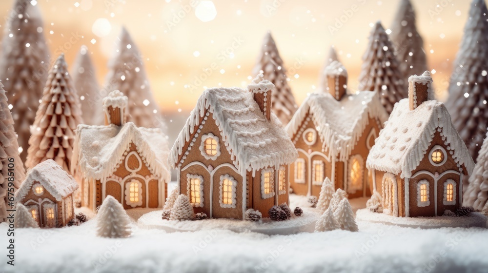 Fototapeta premium Festive Christmas Candy and Gingerbread Cottages in Artificial Snow
