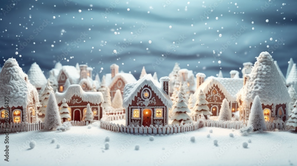 Fototapeta premium Festive Christmas Candy and Gingerbread Cottages in Artificial Snow