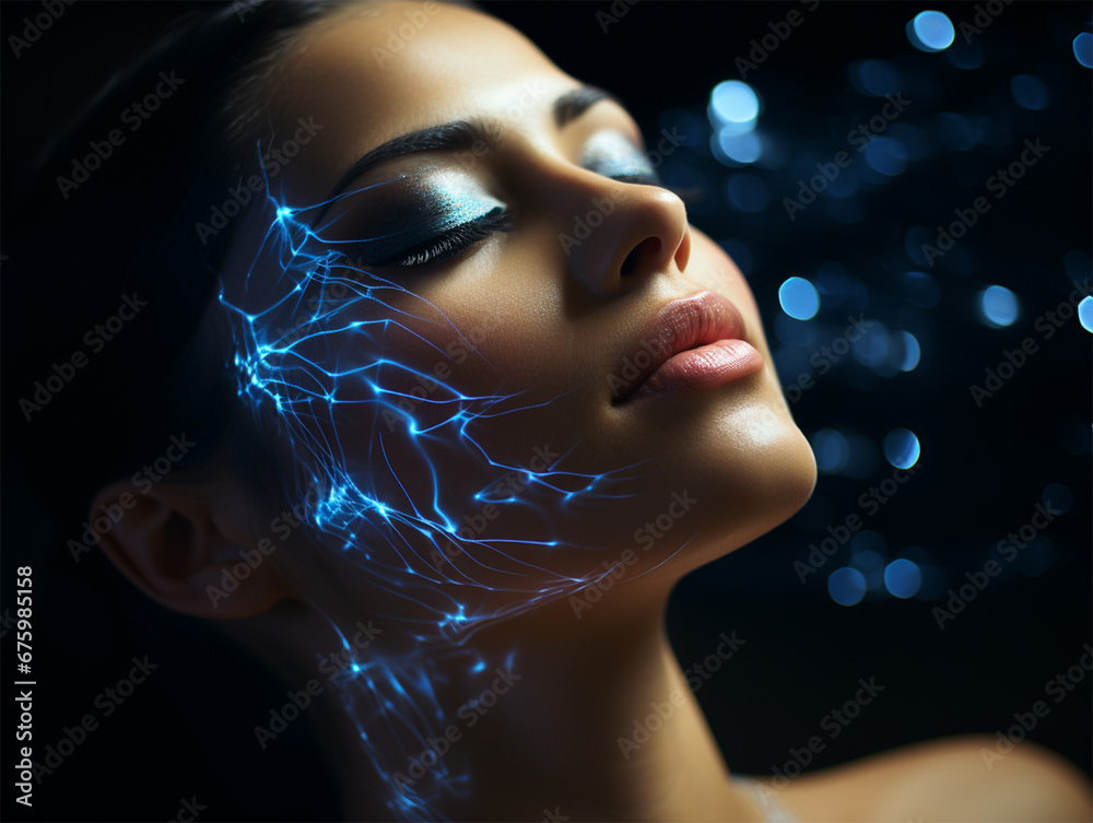 Neon lines on the face of a young woman on a dark blurred background. introduction of artificial intelligence and the latest technologies in cosmetology Neon lines on the face of a young woman on a dark blurred background. introduction of artificial intelligence and the latest technologies in cosmetology