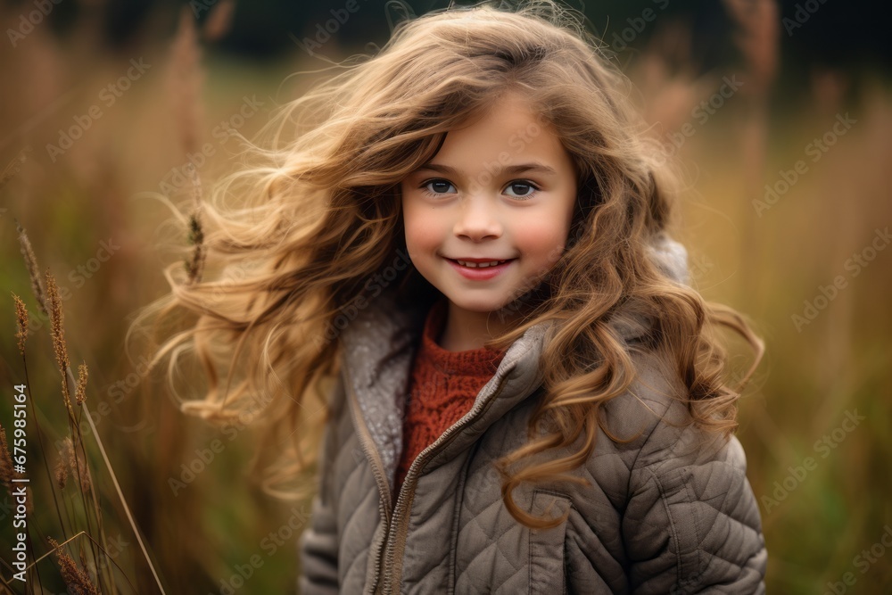 Portrait of a beautiful little girl with long curly hair in the field Portrait of a beautiful little girl with long curly hair in the field