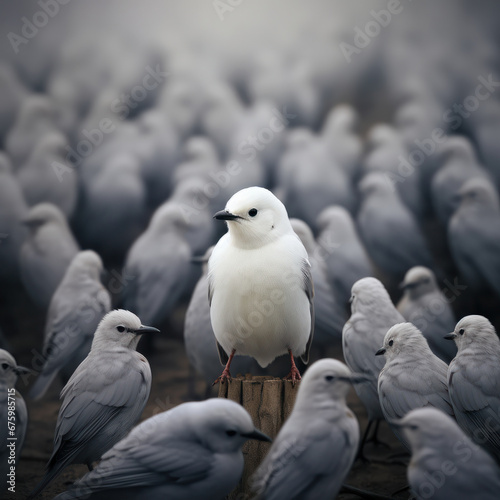 Standing out from the crowd , white bird standing between gray birds. Ai generative © tope007