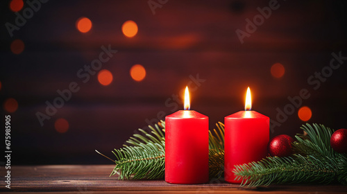 Advent Candlelight  Two Burning Red Candles in Ornate Wreath Decor