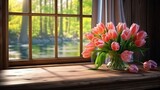 a vase filled with pink tulips sitting on top of a wooden table next to a window sill.  generative ai