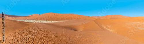 A panorama view of sand dunes and the dead valley in Sossusvlei, Namibia in the dry season