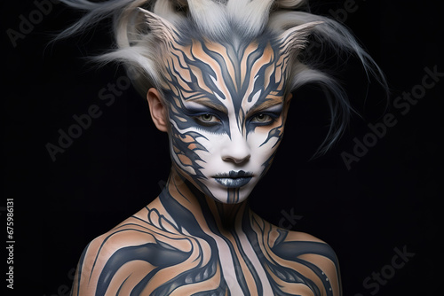 A close-up of a person s face  transformed with artistic face paint into a vivid animal character  against a black backdrop
