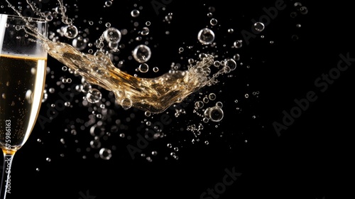  a glass of champagne with a splash of water on the side and bubbles on the side of the glass, on a black background. generative ai