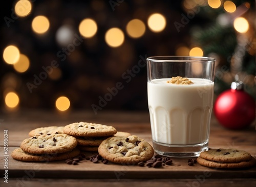Milk and Cookies on the wooden table for Santa. bokeh lights background, copy space for text