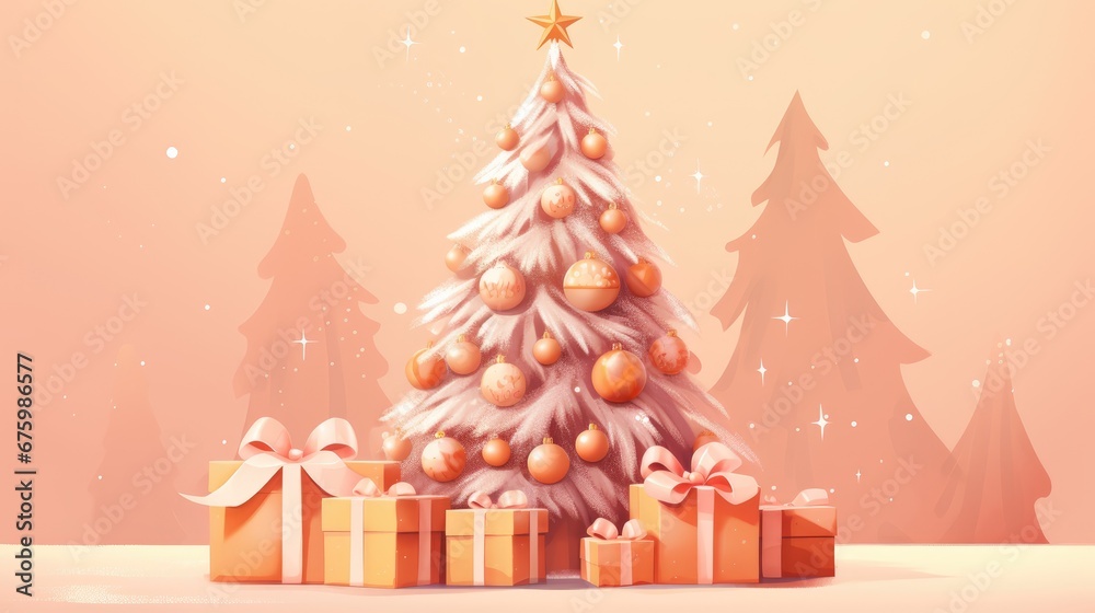  a christmas tree with gold balls and a star on top is surrounded by presents in front of a pink background.  generative ai