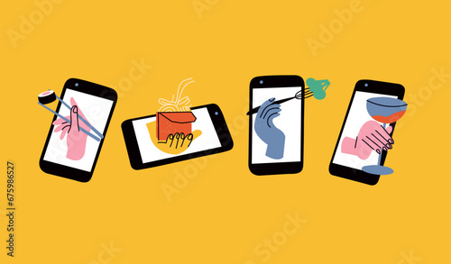 Vector illustration set food purchases online by phone, browsing devices. Delivery food concept